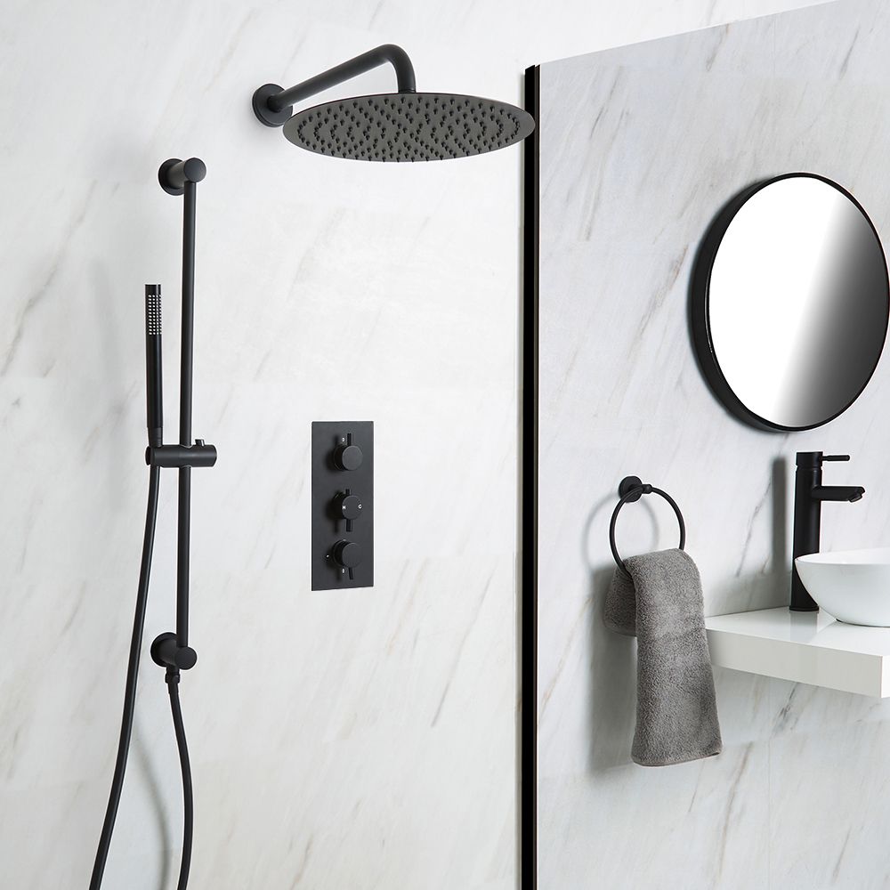 Milano Nero - Black Thermostatic Shower with Shower Head and Riser Rail with Hand Shower (2 Outlet)