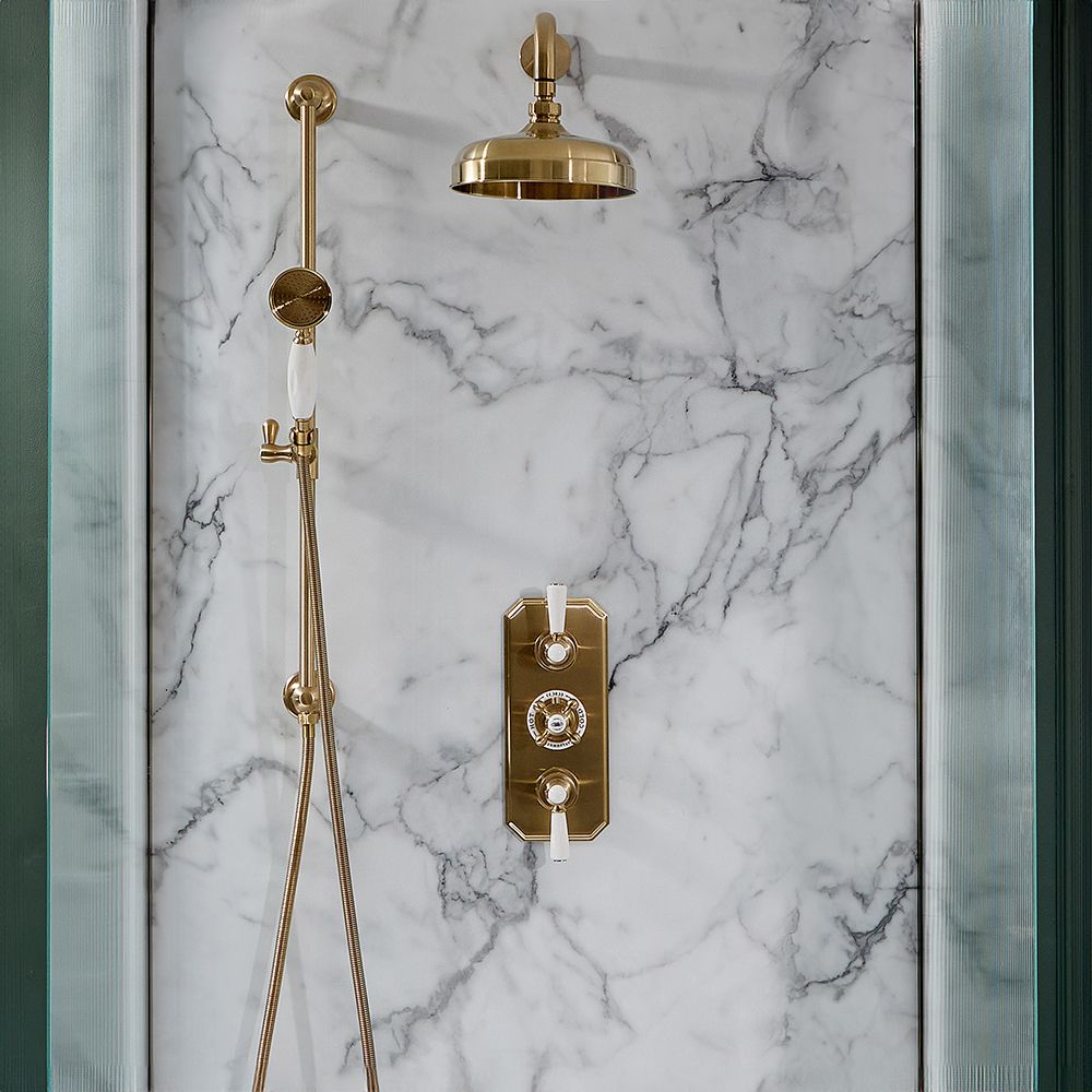 Milano Elizabeth - Brushed Brass Traditional Thermostatic Shower with Riser Rail and Shower Head (2 Outlet)