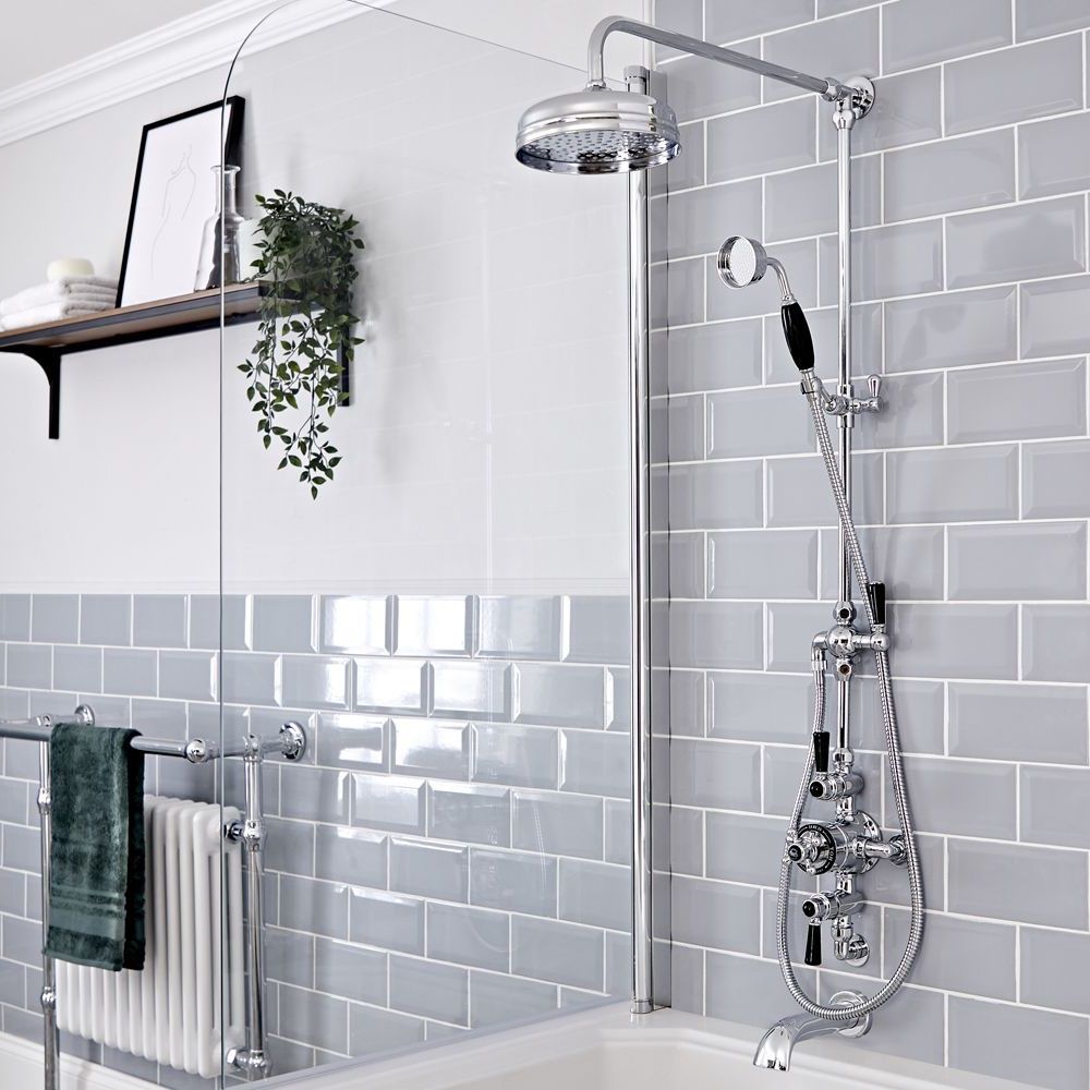 Milano Elizabeth - Chrome and Black Traditional Triple Exposed Thermostatic Shower with Grand Rigid Riser Rail and Wall Spout (3 Outlet)