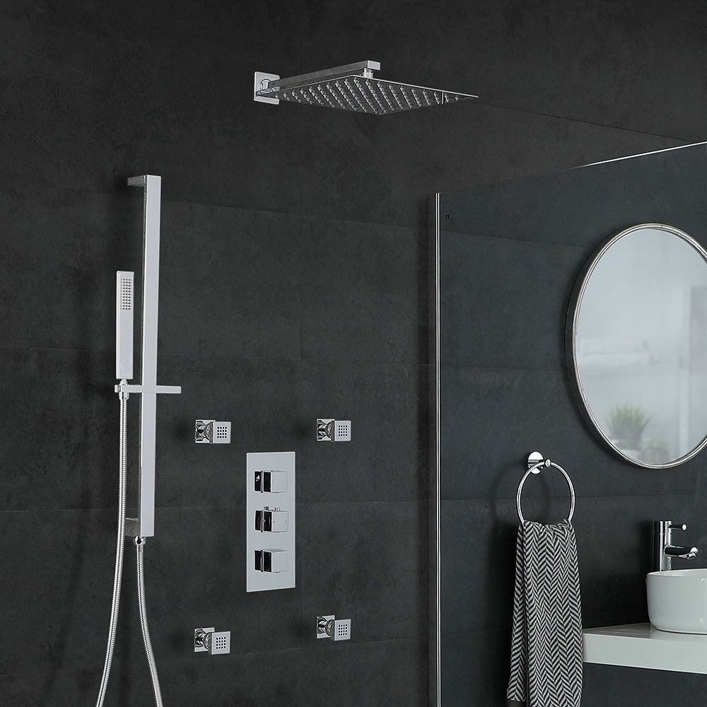 Milano Arvo - Chrome Thermostatic Shower with Diverter, Shower Head, Hand Shower, Riser Rail and Body Jets (3 Outlet)