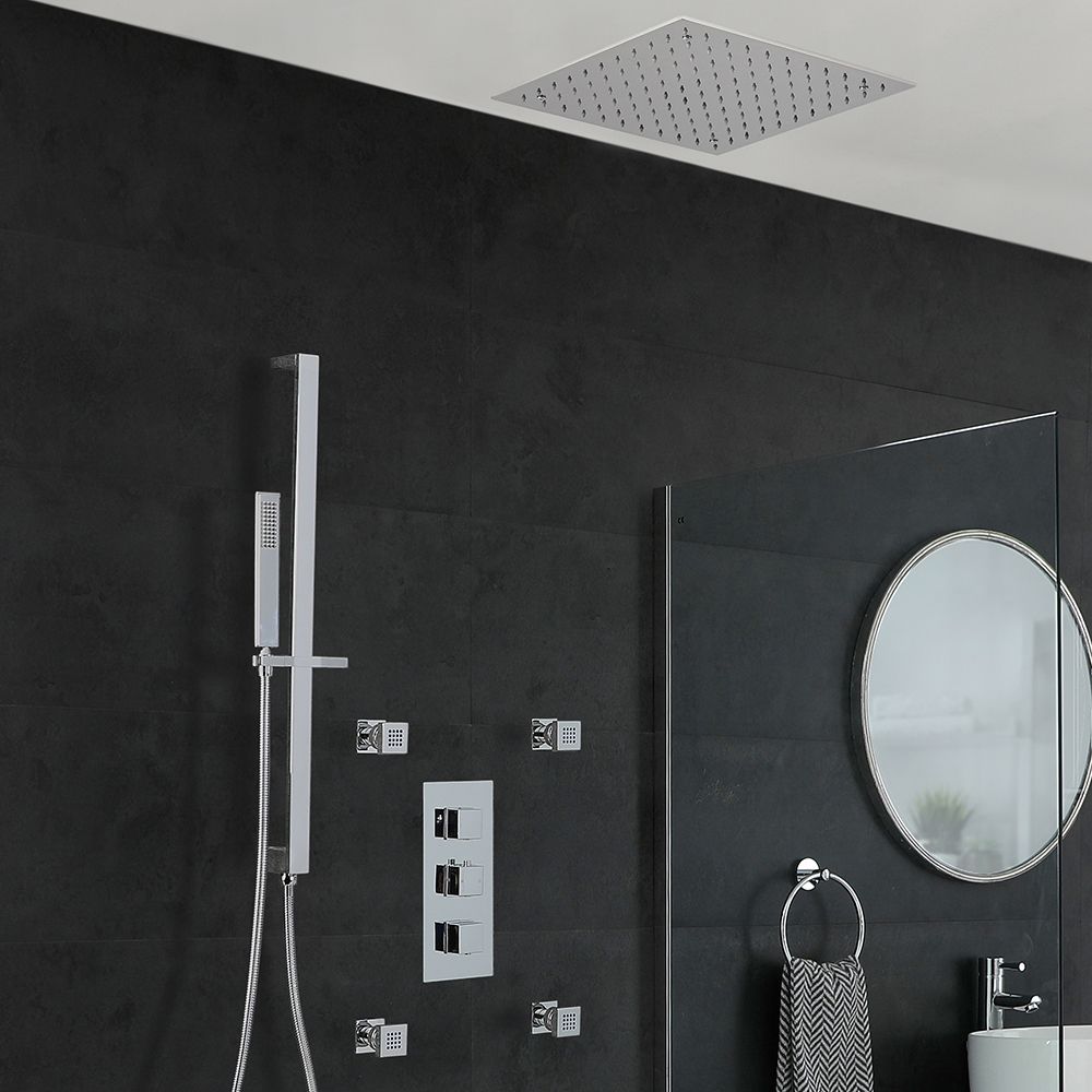 Milano Arvo - Chrome Thermostatic Shower with Diverter, Recessed Shower Head, Hand Shower, Body Jets and Riser Rail (3 Outlet)