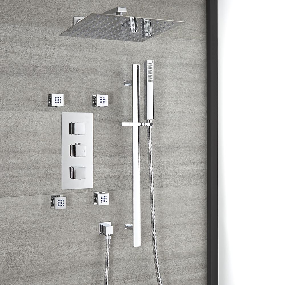 Milano Arvo - Chrome Thermostatic Shower with Diverter, Shower Head, Body Jets and Riser Rail with Hand Shower (3 Outlet)