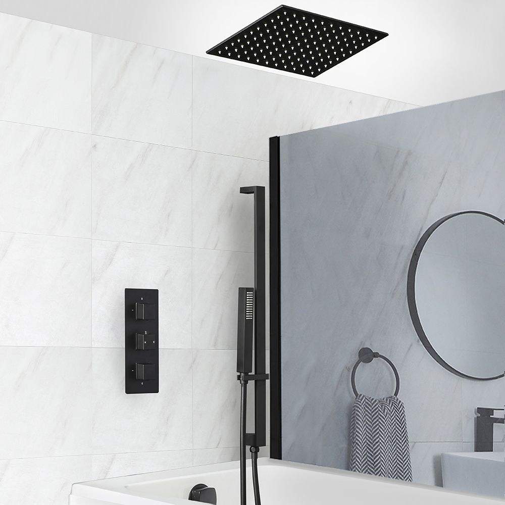 Milano Preto - Black Thermostatic Shower with Diverter, Recessed Shower Head, Riser Rail with Hand Shower and Overflow Bath Filler (3 Outlet)