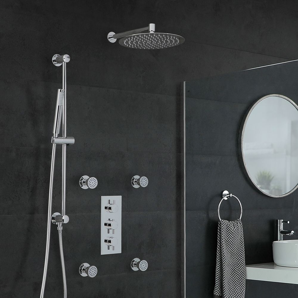 Milano Mirage - Chrome Thermostatic Shower with Diverter, Wall Mounted Shower Head, Hand Shower, Body Jets and Riser Rail (3 Outlet)
