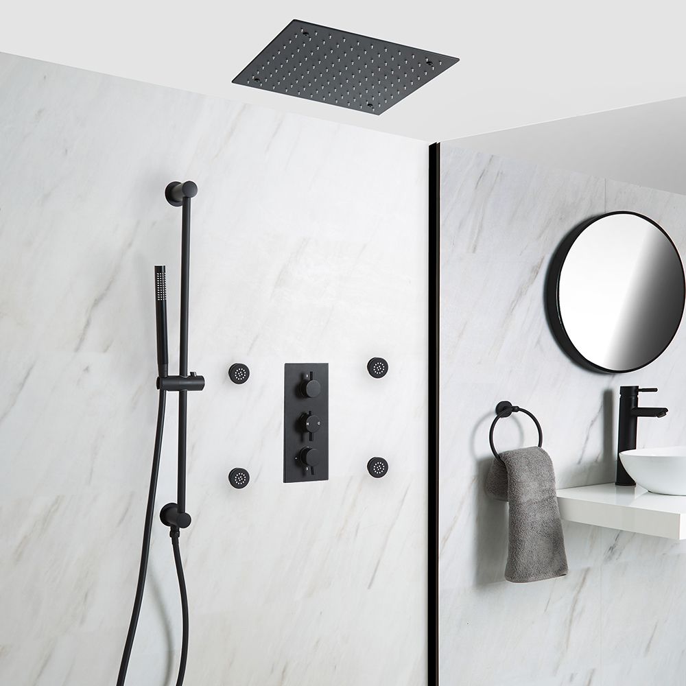 Milano Nero - Black Thermostatic Shower with Recessed Shower Head, Body Jets and Riser Rail with Hand Shower (3 Outlet)