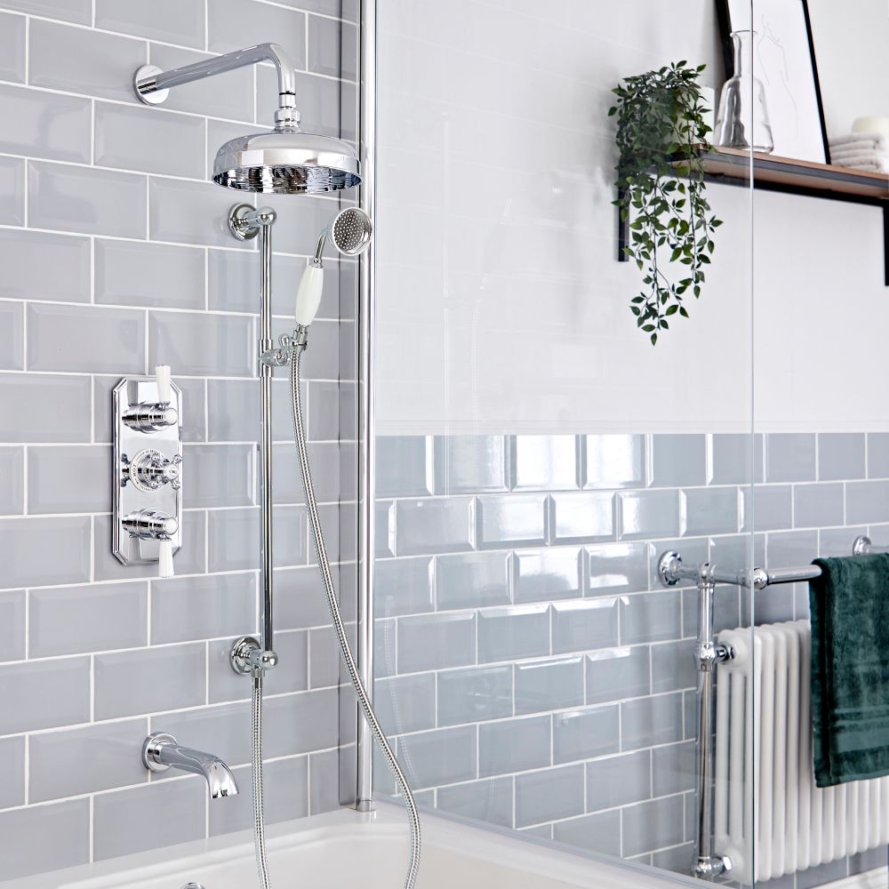 Milano Elizabeth - Chrome and White Traditional Thermostatic Shower with Diverter, Shower Head, Bath Spout and Riser Rail (3 Outlet)