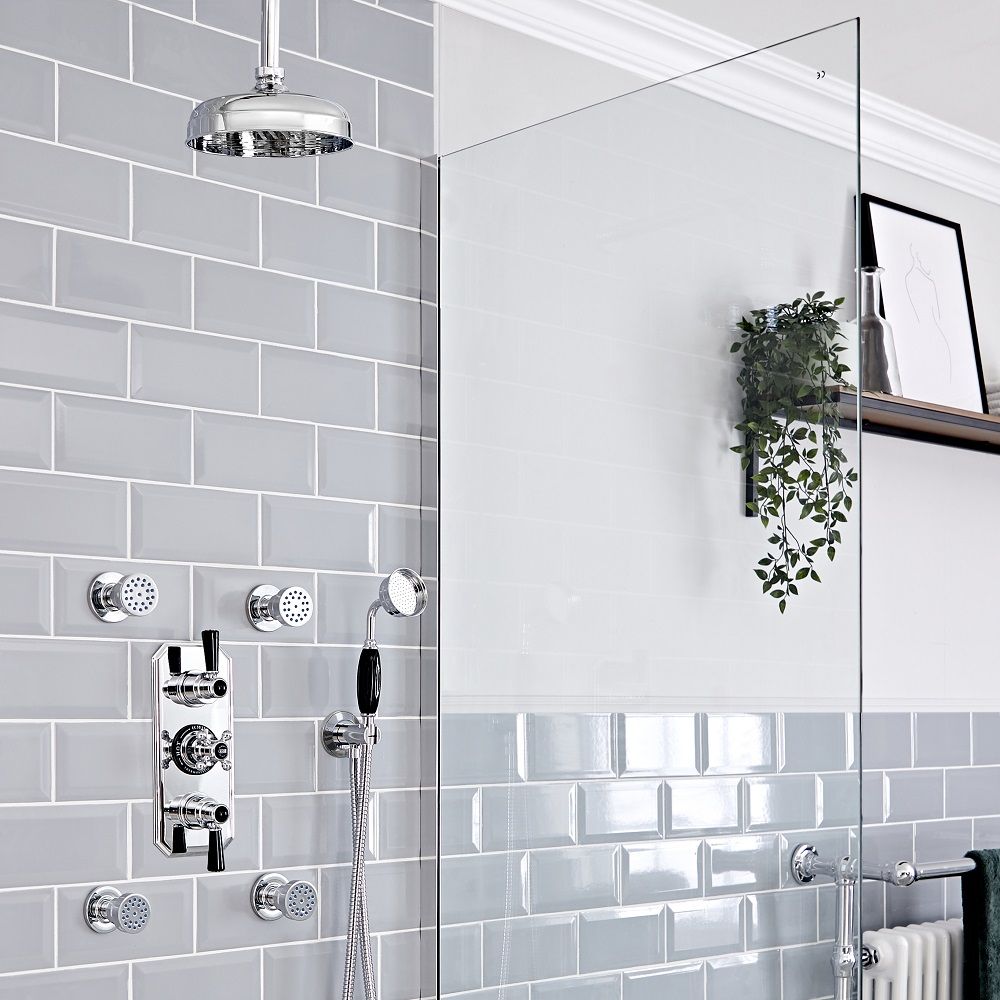 Milano Elizabeth - Chrome and Black Traditional Thermostatic Shower with Diverter, Ceiling Mounted Shower Head, Hand Shower and Body Jets (3 Outlet)