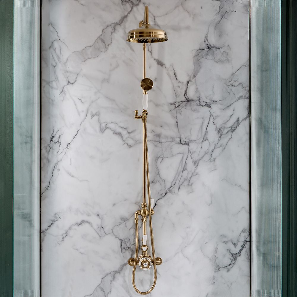 Milano Elizabeth - Brushed Brass Traditional Twin Exposed Thermostatic Shower with Grand Rigid Riser Rail (2 Outlet)