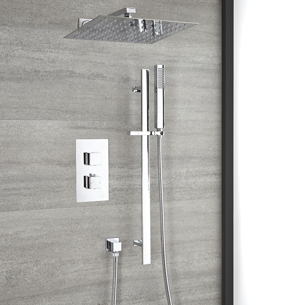Milano Arvo - Chrome Thermostatic Shower with Diverter, Riser Rail with Hand Shower and Shower Head (2 Outlet)