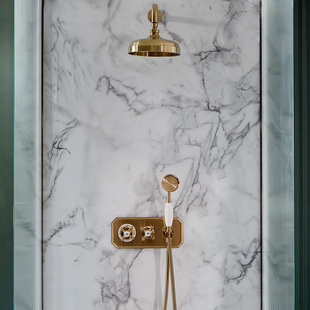 Milano Elizabeth - Brushed Brass Traditional Thermostatic Shower with Diverter, Shower Head and Hand Shower (2 Outlet)