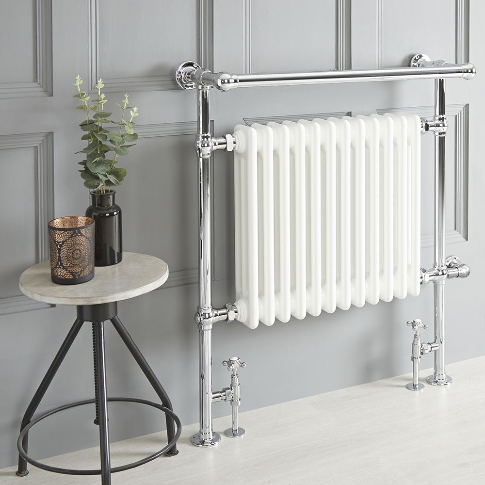 Milano Elizabeth - White Traditional Dual Fuel Heated Towel Rail - 930mm x 790mm (withOverhanging Rail) - Choice of Wi-Fi Thermostat and Cable Cover