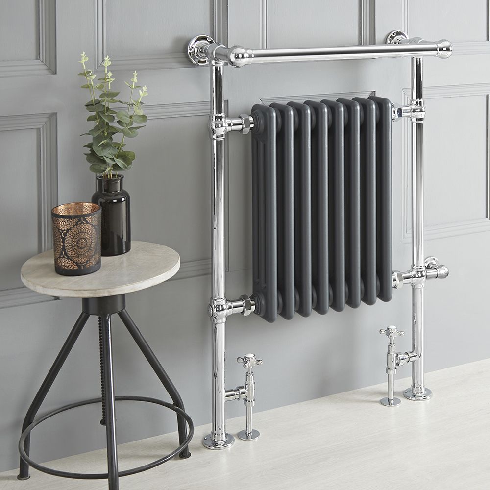 Milano Elizabeth - Anthracite Traditional Dual Fuel Heated Towel Rail - 930mm x 620mm (withOverhanging Rail) - Choice of Wi-Fi Thermostat and Cable Cover