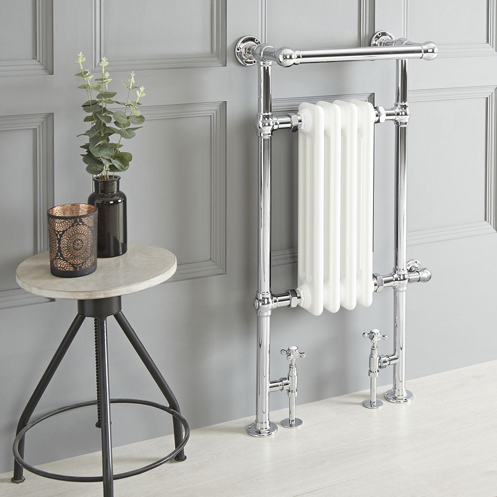Milano Elizabeth - White Traditional Dual Fuel Heated Towel Rail - 930mm x 450mm (with Overhanging Rail)  - Choice of Wi-Fi Thermostat and Cable Cover