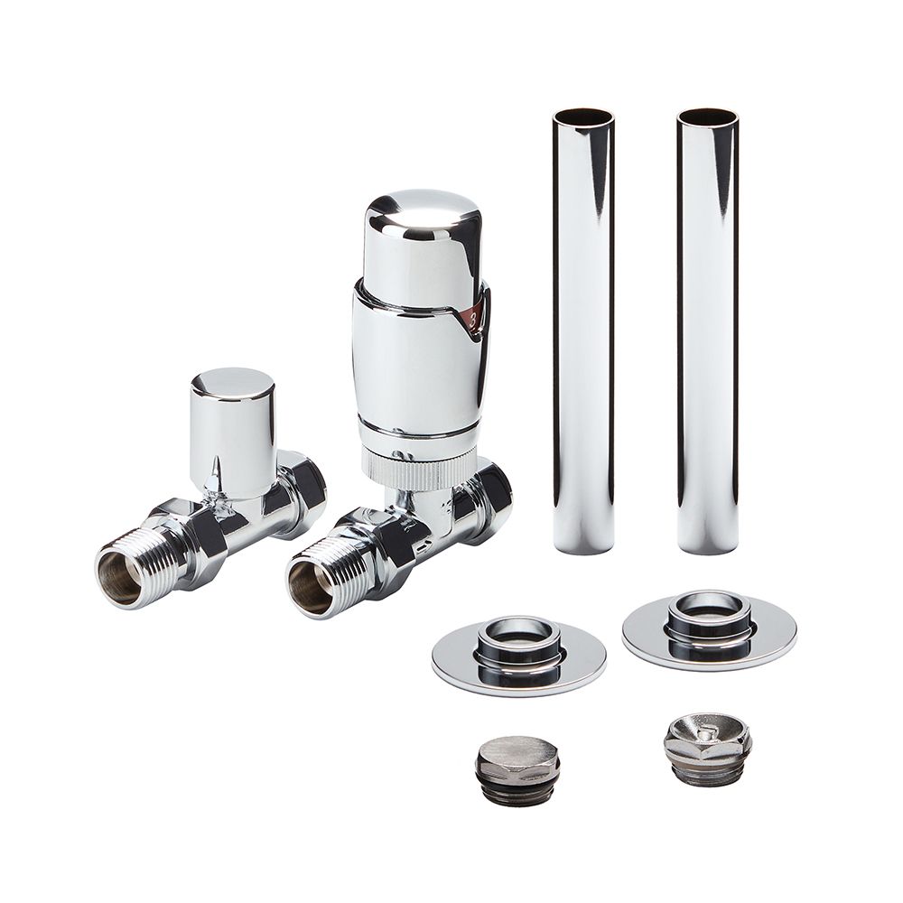 Milano - Thermostatic Straight Radiator Valve and Pipe Sleeve Set - Choice of Finish
