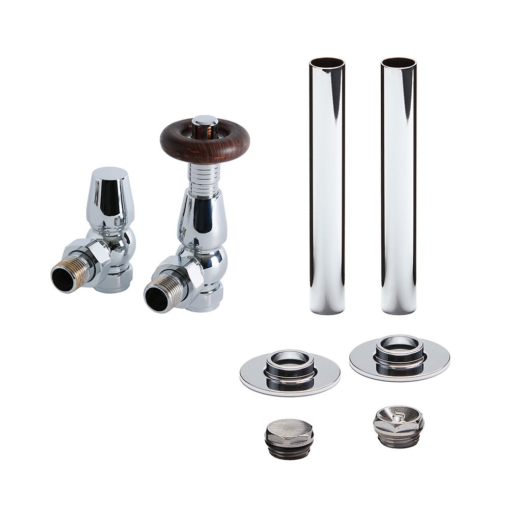 Milano Windsor - Traditional Thermostatic Angled Radiator Valve and Pipe Sleeve Set - Choice of Finish