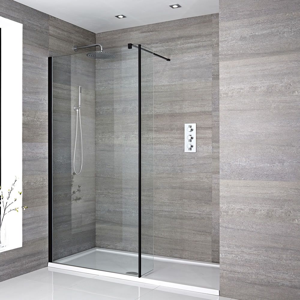 Milano Nero - Walk-In Shower Enclosure with Tray - Choice of Sizes and Hinged Return Panel Option