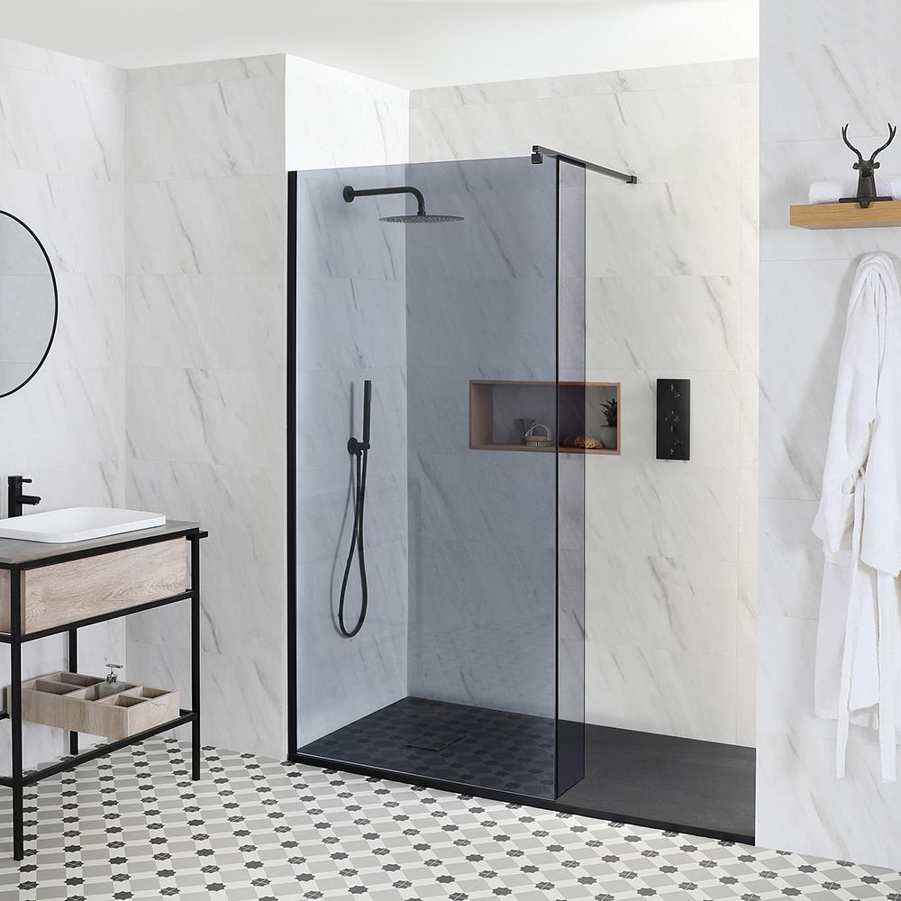 Milano Nero-Luna - Smoked Glass Walk-In Shower Enclosure with Slate Tray - Choice of Sizes and Hinged Return Panel Option