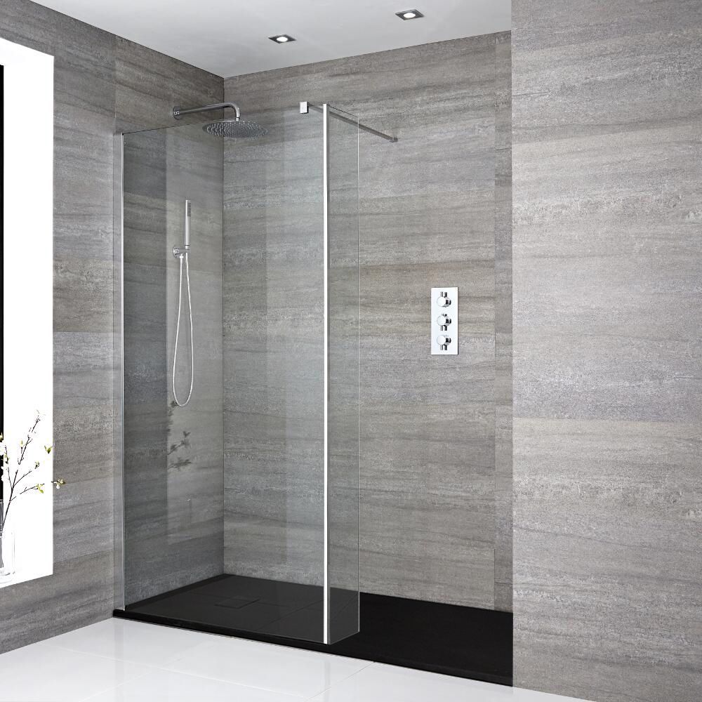 Milano Portland - Chrome Walk-In Shower Enclosure with Slate Tray - Choice of Size and Hinged Return Panel Option