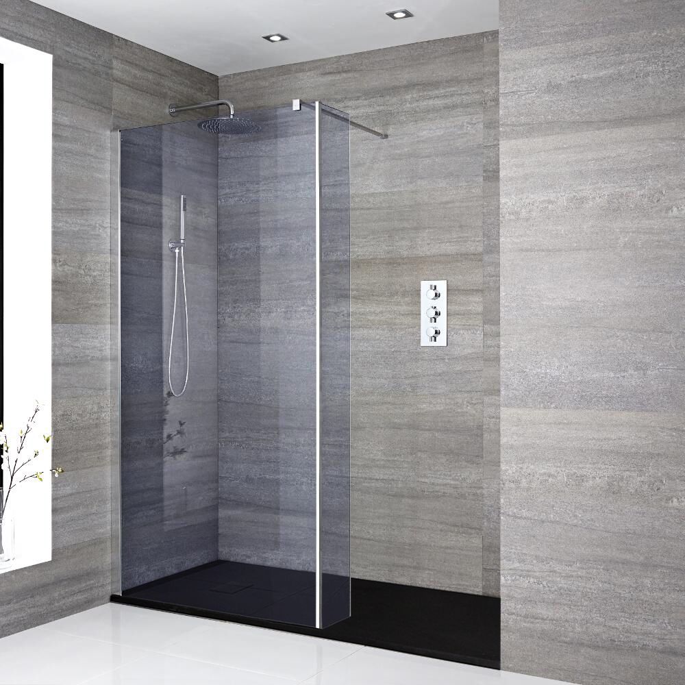 Milano Portland-Luna - Smoked Glass Walk-In Chrome Shower Enclosure with Slate Tray - Choice of Size and Hinged Return Panel Option