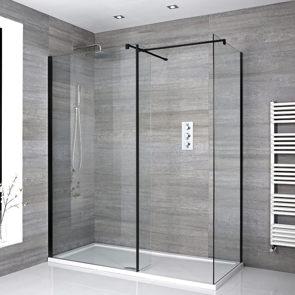 Milano Nero - Corner Walk-In Shower Enclosure with Tray - Choice of Sizes and Hinged Return Panel Option