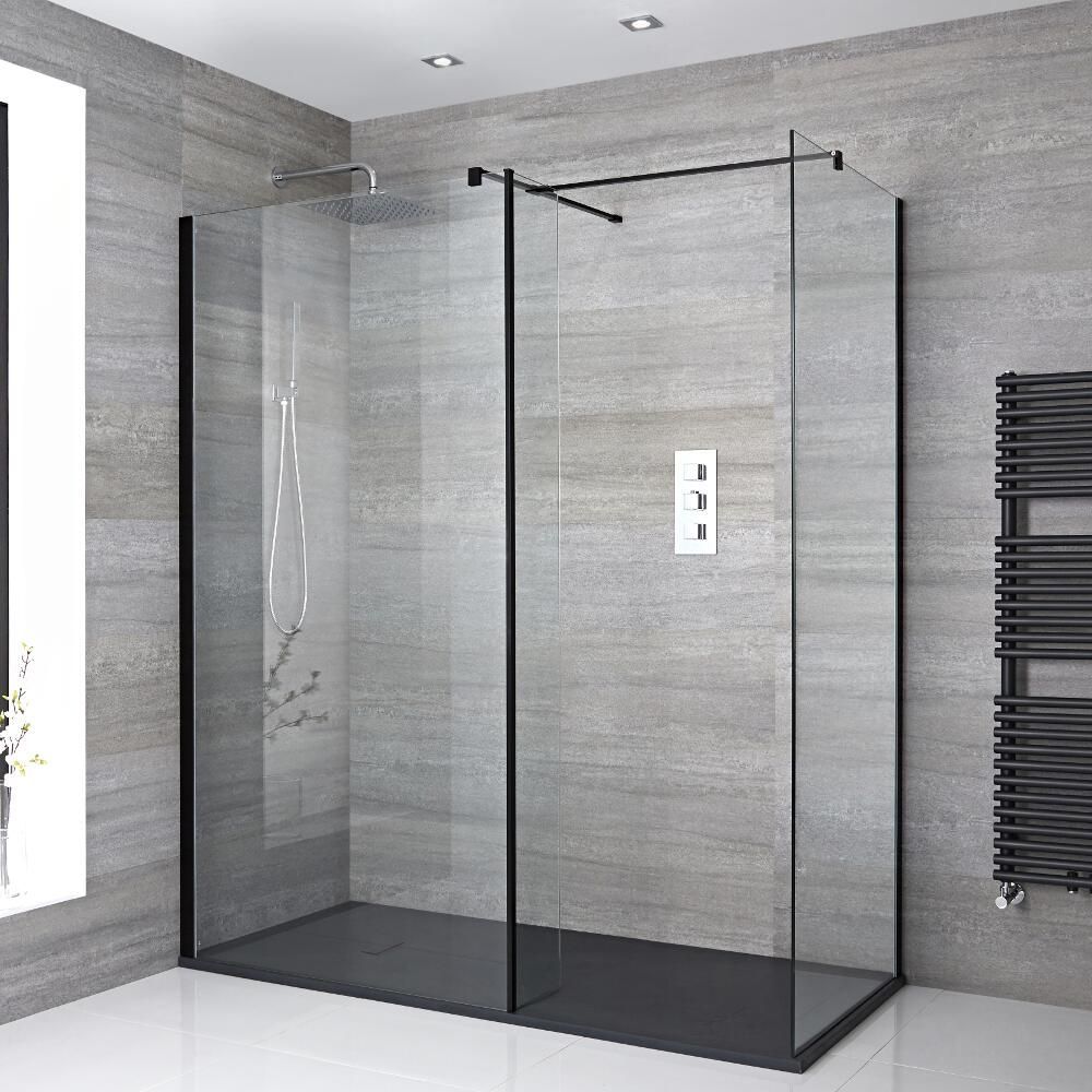 Milano Nero - Corner Walk-In Shower Enclosure with Slate Tray - Choice of Sizes and Hinged Return Panel Option