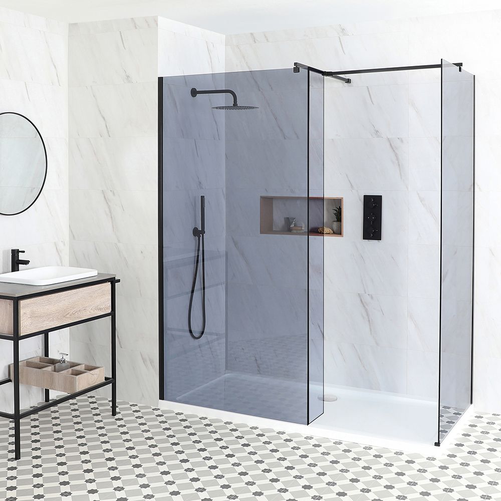 Milano Nero-Luna - Smoked Glass Corner Walk-In Shower Enclosure with Tray - Choice of Sizes and Hinged Return Panel Option