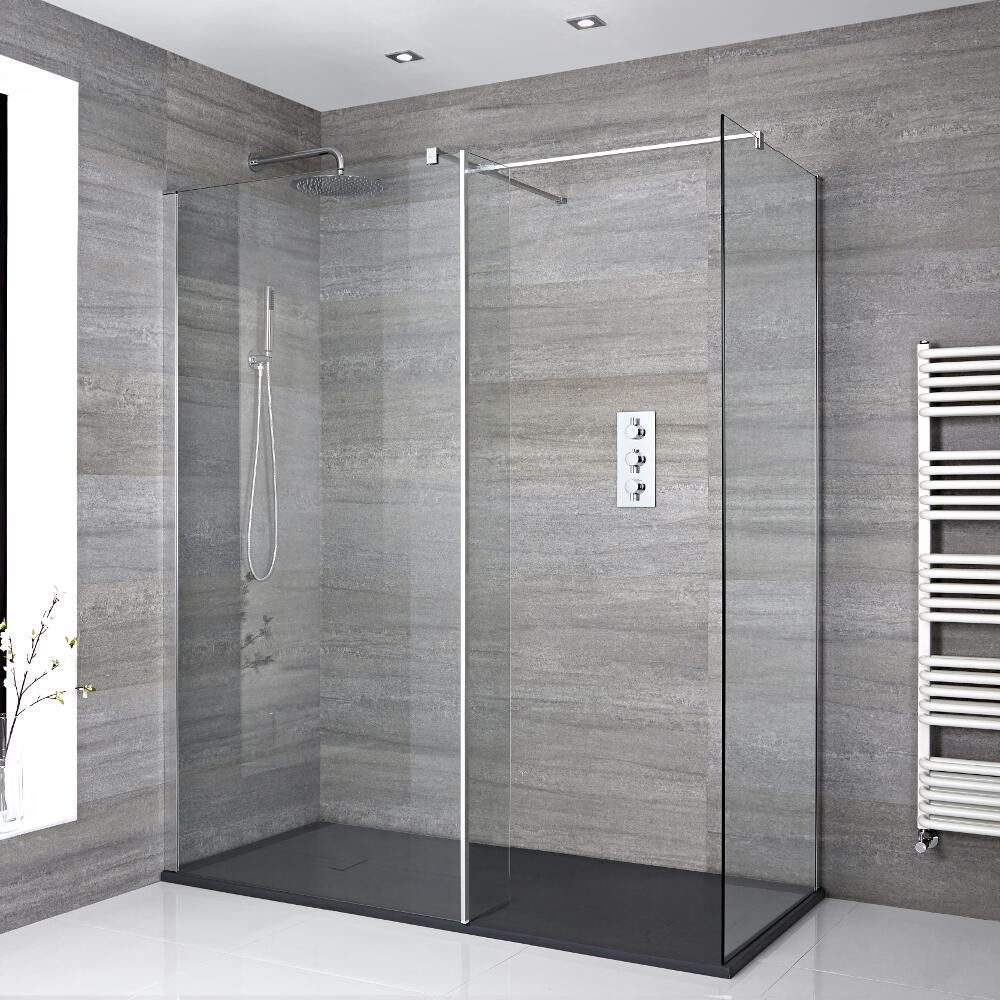 Milano Portland - Chrome Corner Walk-In Shower Enclosure with Slate Tray - Choice of Size and Hinged Return Panel Option