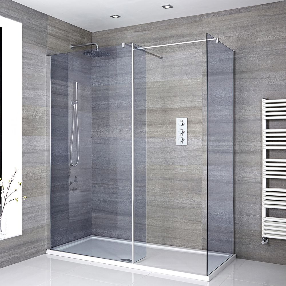 Milano Portland-Luna - Smoked Glass Corner Walk-In Chrome Shower Enclosure with Tray - Choice of Size and Hinged Return Panel Option