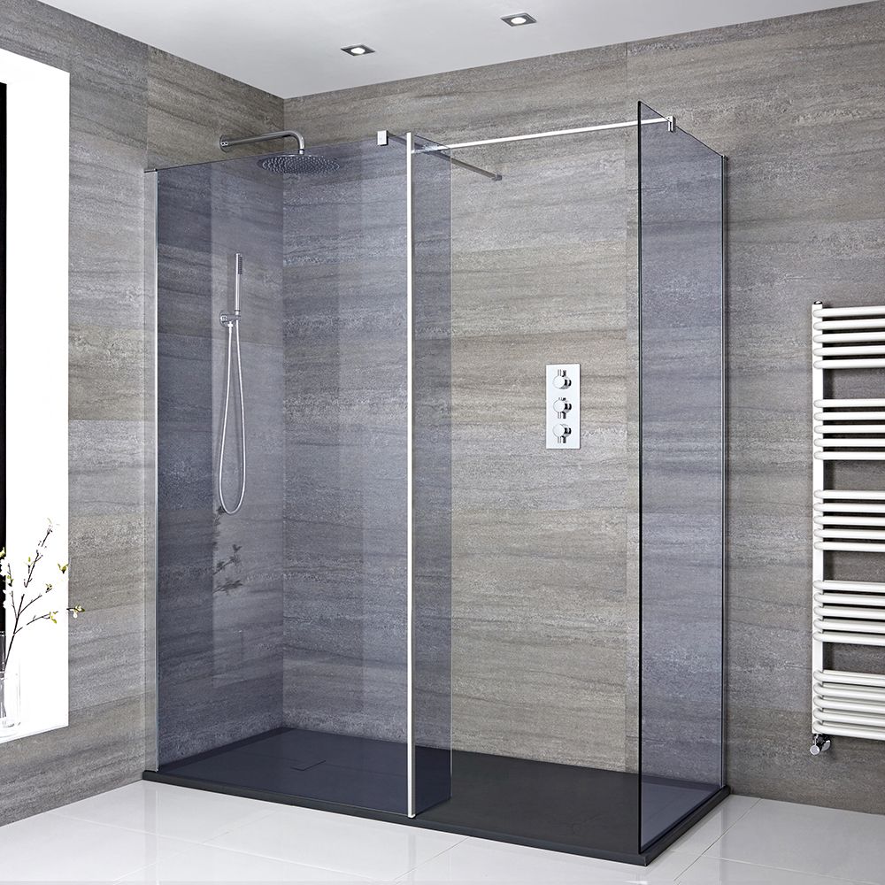 Milano Portland-Luna - Smoked Glass Corner Walk-In Chrome Shower Enclosure with Slate Tray - Choice of Size and Hinged Return Panel Option