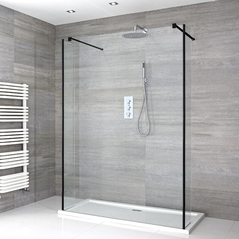 Milano Nero - Open Walk-Through Shower Enclosure with Tray - Choice of Sizes and Hinged Return Panel Option