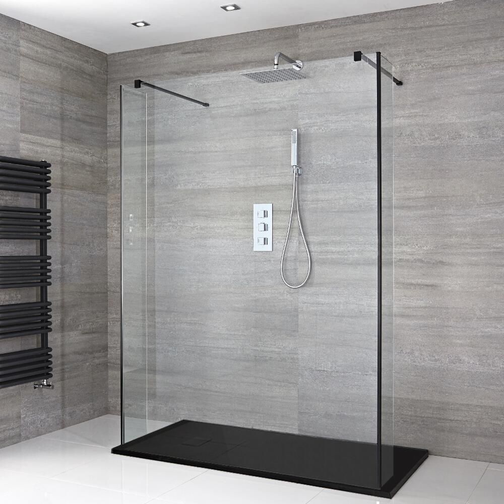 Milano Nero - Open Walk-Through Shower Enclosure with Slate Tray - Choice of Sizes and Hinged Return Panel Option