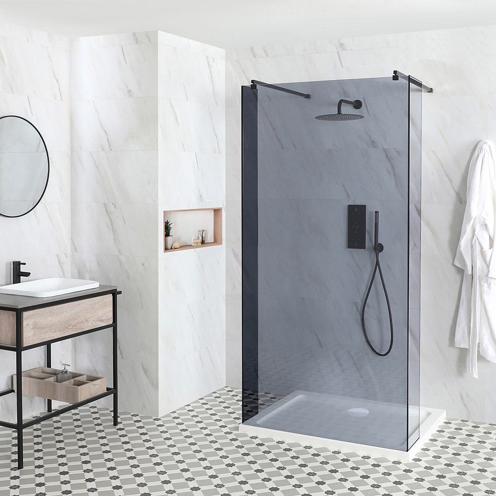 Milano Nero-Luna - Smoked Glass Open Walk-Through Shower Enclosure with Tray - Choice of Sizes and Hinged Return Panel Option