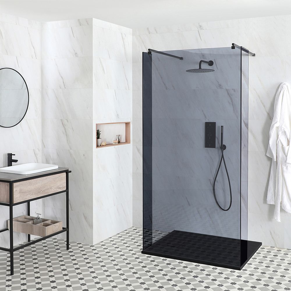 Milano Nero-Luna - Smoked Glass Open Walk-Through Shower Enclosure with Slate Tray - Choice of Sizes and Hinged Return Panel Option