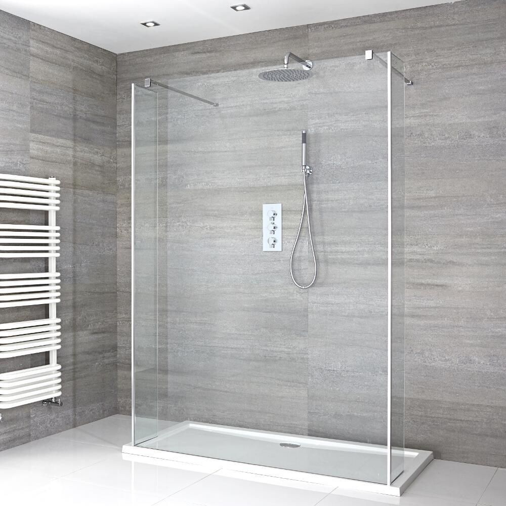 Milano Portland - Chrome Open Walk-Through Shower Enclosure with Tray - Choice of Size and Hinged Return Panel Option
