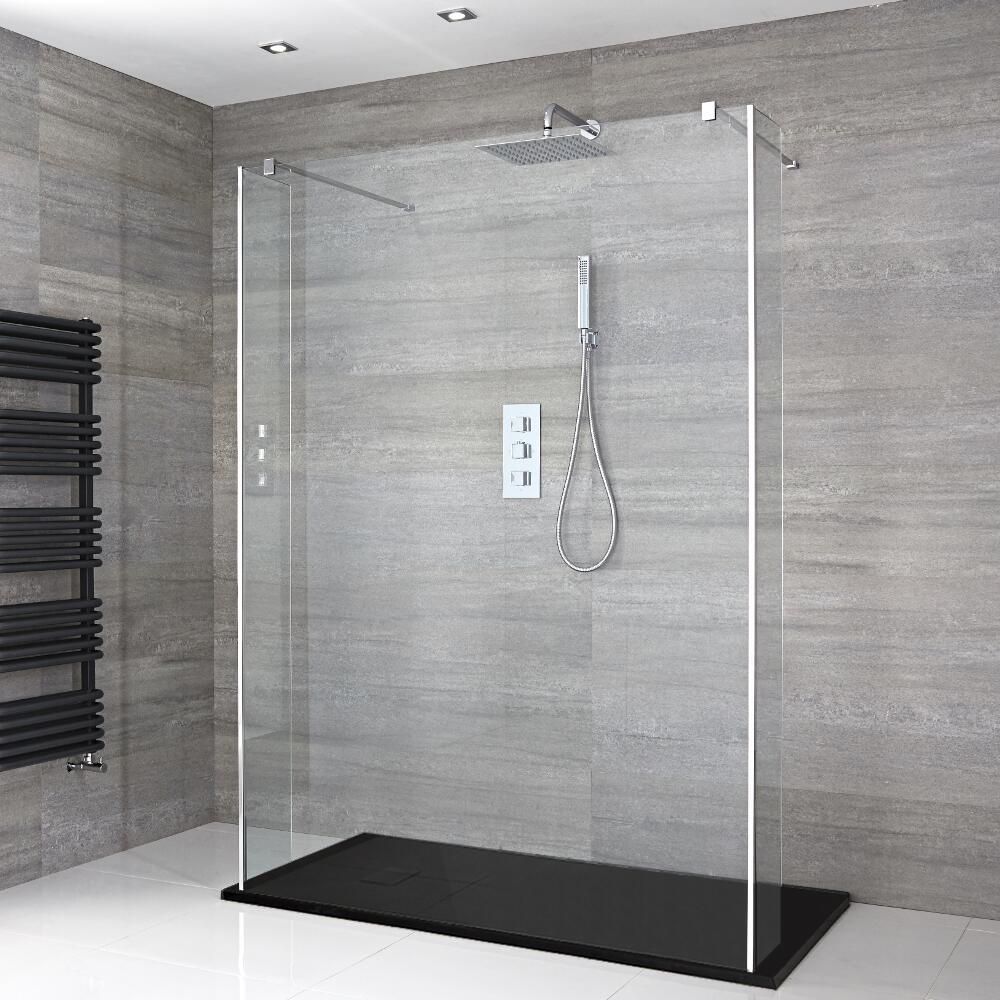 Milano Portland - Chrome Open Walk-Through Chrome Shower Enclosure with Slate Tray - Choice of Size and Hinged Return Panel Option