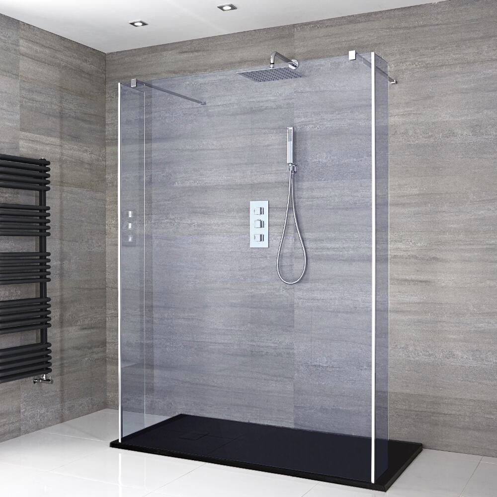 Milano Portland-Luna - Smoked Glass Open Walk-Through Chrome Shower Enclosure with Slate Tray - Choice of Size and Hinged Return Panel Option