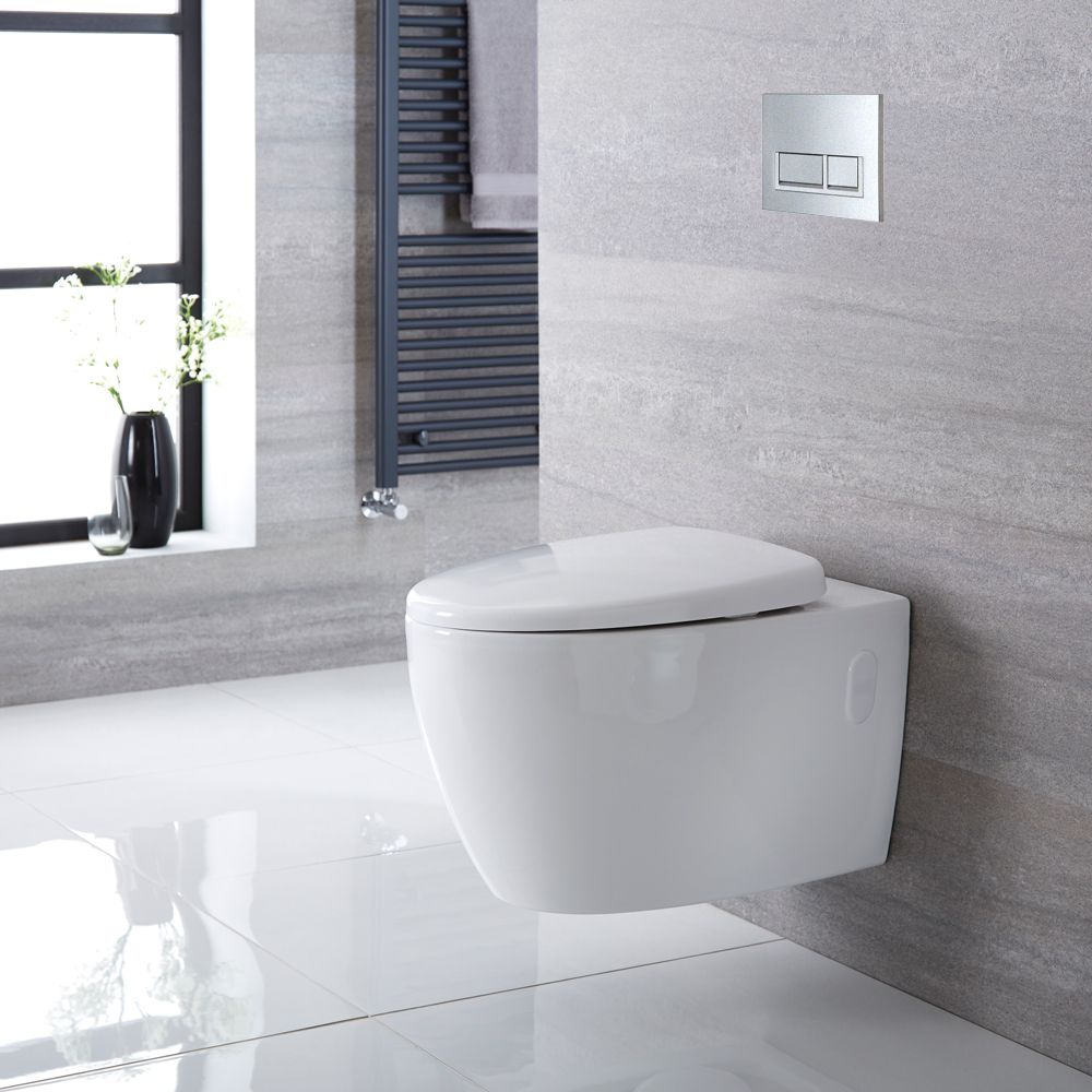 Milano Altham - White Modern Rimless Wall Hung Toilet with Tall Wall Frame - Choice of Flush Plate