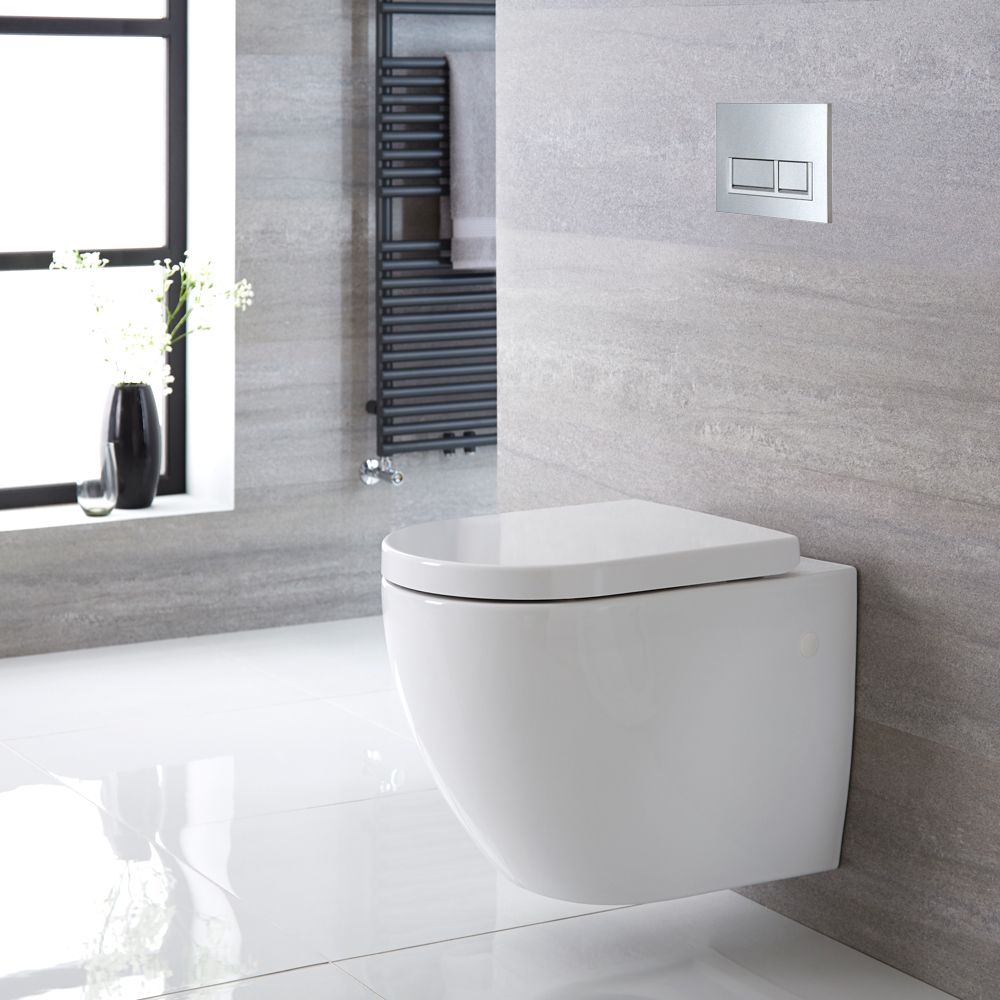 Milano Irwell - White Modern Rimless Wall Hung Toilet with Tall Wall Frame - Choice of Flush Plate