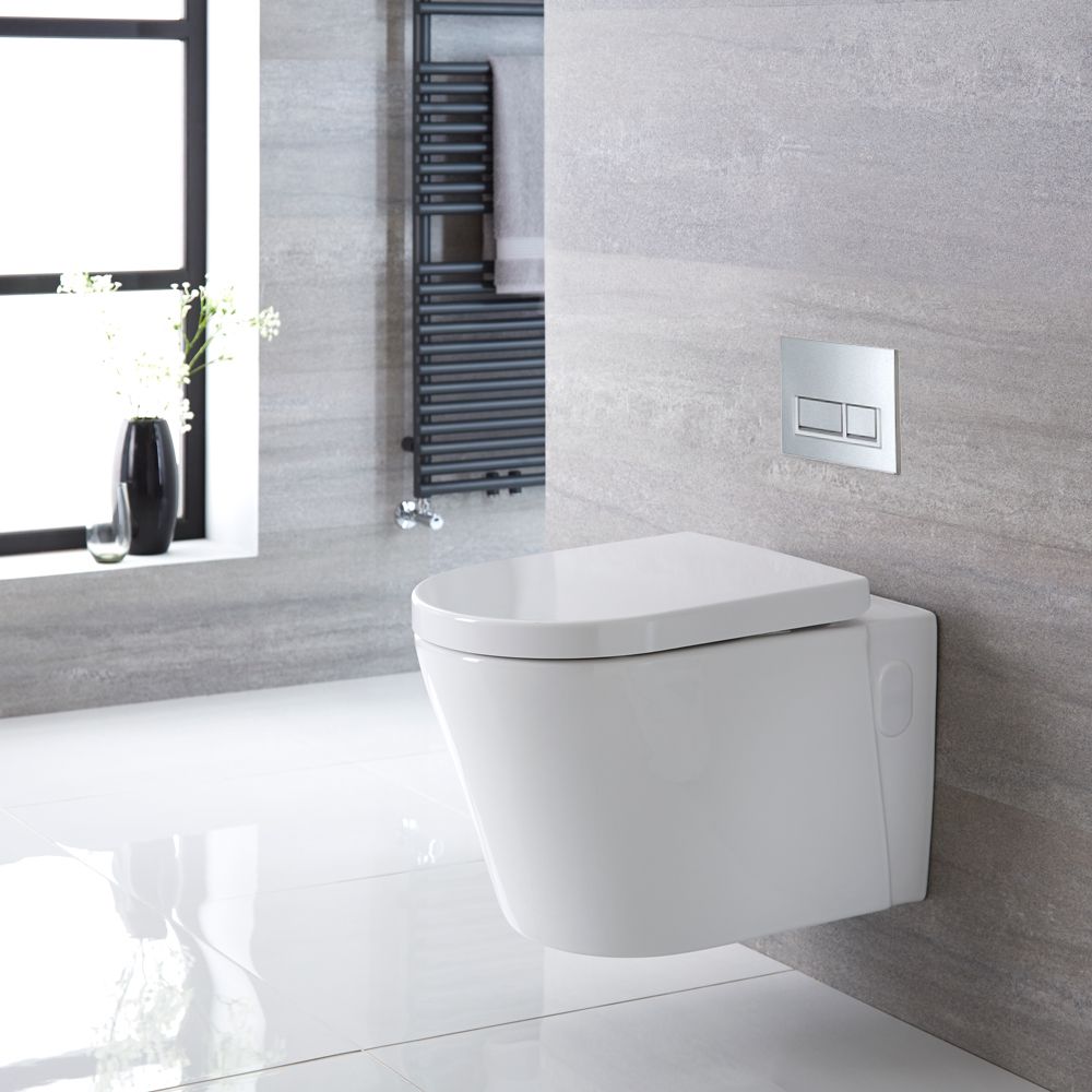 Milano Ballam - White Modern Rimless Wall Hung Toilet with Short Wall Frame - Choice of Flush Plate