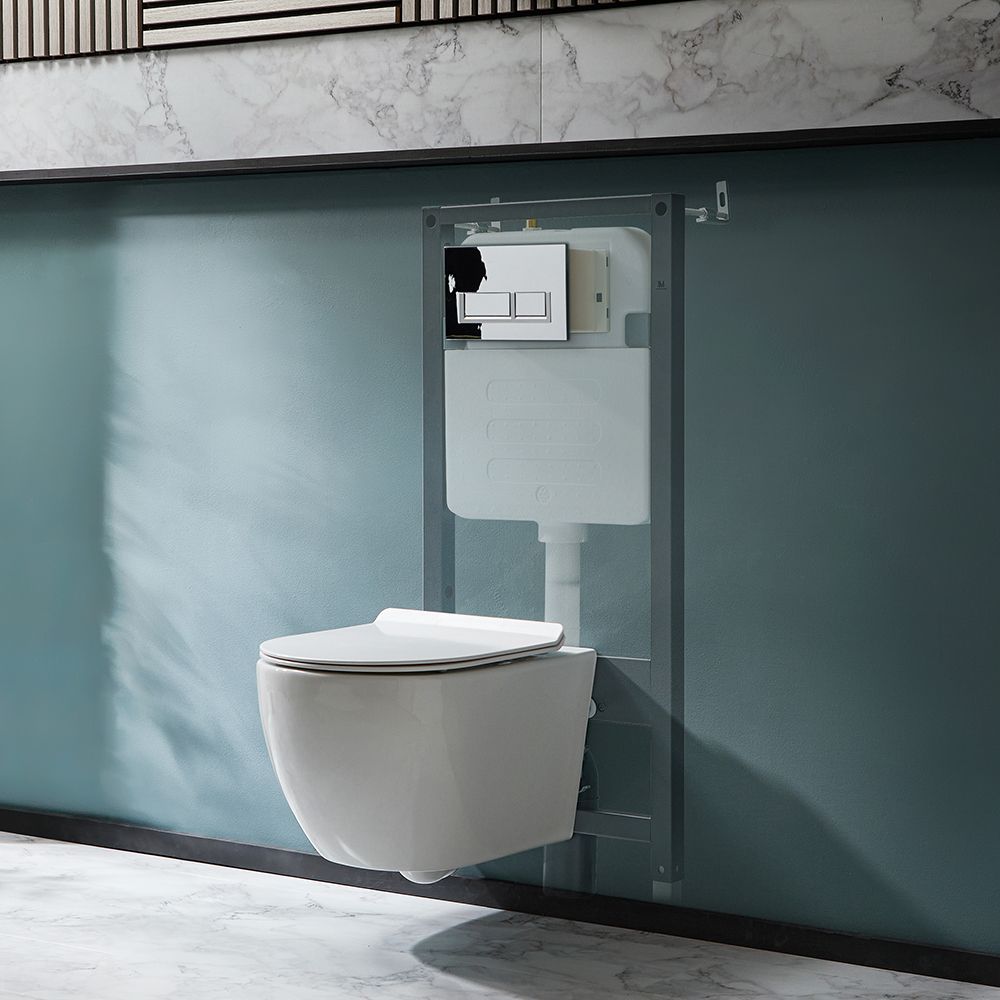 Milano Overton - White Modern Rimless Wall Hung Toilet with Tall Wall Frame - Choice of Flush Plate