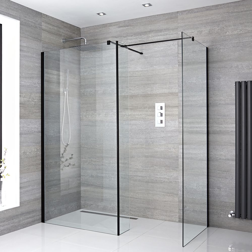 Milano Nero - Corner Wet Room Shower Enclosure with Hinged Return Panel - Choice of Glass Size & Drain