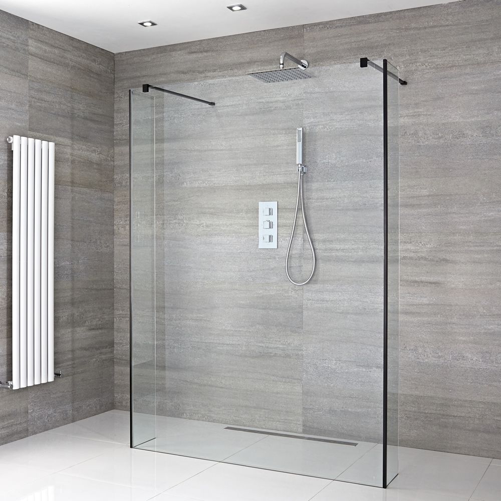 Milano Nero - Open Walk-Through Wet Room Shower with Hinged Return Panels - Choice of Glass Size & Drain
