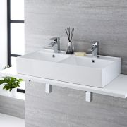 Milano Dalton - White Modern Double Rectangular Countertop Basin - 820mm x 420mm (2 Tap-Holes)
