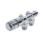 Milano - Chrome Thermostatic H-Block Angled Radiator Valves - 15mm Copper Euro Cone Adapters