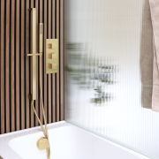 Milano Lyra - Thermostatic Shower with Overflow Bath Filler and Riser Rail with Hand Shower (2 Outlet) - Brushed Brass