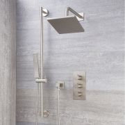 Milano Hunston - Brushed Nickel Thermostatic Shower with Shower Head, Hand Shower and Riser Rail (2 Outlet)