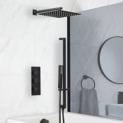 Milano Preto - Black Thermostatic Shower with Diverter, Shower Head, Riser Rail with Hand Shower and Overflow Bath Filler (3 Outlet)