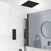 Milano Preto - Black Thermostatic Shower with Diverter, Recessed Shower Head, Riser Rail with Hand Shower and Overflow Bath Filler (3 Outlet)