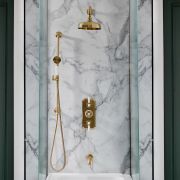 Milano Elizabeth - Brushed Brass Traditional Thermostatic Shower with Diverter, Shower Head, Bath Spout and Riser Rail (3 Outlet)