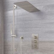 Milano Hunston - Brushed Nickel Thermostatic Shower with Diverter, Waterblade Shower Head, Hand Shower and Riser Rail (3 Outlet)